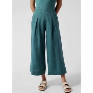 Athleta Women’s Playa 100% Linen Teal Blue Wide Leg Pull On Crop Pants Size 10T